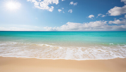 Tranquil beach with clear turquoise waters lapping onto white sandy shore under a partly cloudy sky, tropical travel nature relaxation tourism