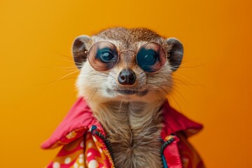Image of stylish Mongoose in trendy sunglasses and outfit looking at camera against two colored background, Copyspace