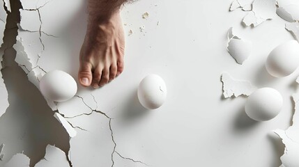 Fototapeta premium Ai generated male foot walking on eggshells, cautious vibe concept background
