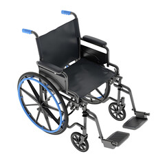 Detailed image of a durable medical wheelchair with blue accents, designed for patient mobility and comfort. Perfect for illustrating essential healthcare equipment.