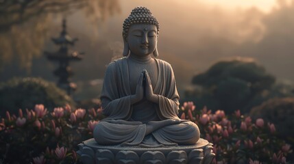 Fototapeta premium Serene Buddha statue meditating in a tranquil garden at dawn with soft sunlight filtering through the mist, surrounded by blooming flowers.