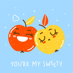 Cute apple characters on blue background for Your happy design