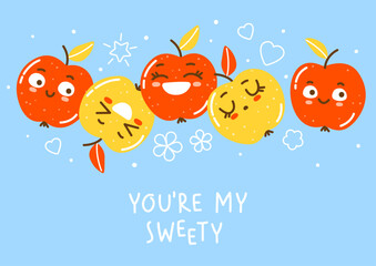 Cute apples on blue background - horizontal border for Your happy greeting card design