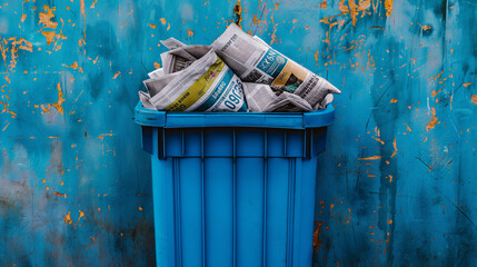 Newspaper put in a blue recycle bin