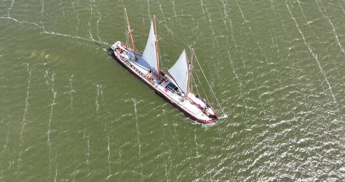 Aerial view of Radboud ship in a sailing cruise on the IJsselmeer at the daytime in the Netherlands