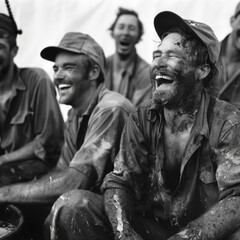 A group of roughnecks lined with dirt and grease taking a break from their manual labor to share a hearty laugh. Black and white art
