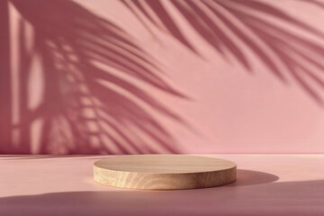 Wooden podium with intricate palm leaf shadows on pink background