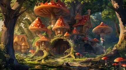 Fototapeta premium whimsical treehouse village built among giant mushrooms digital painting
