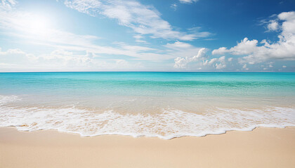 Tranquil beach with clear turquoise waters lapping onto white sandy shore under a partly cloudy sky, tropical travel nature relaxation tourism