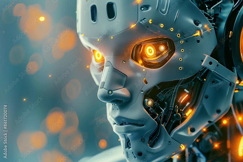 Aufkleber a robot with glowing eyes and a metallic face. the robot is designed to look like a human, but with 