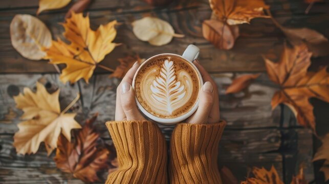 womans hands holding latte art coffee on rustic wooden table with autumn leaves cozy seasonal flat lay top view