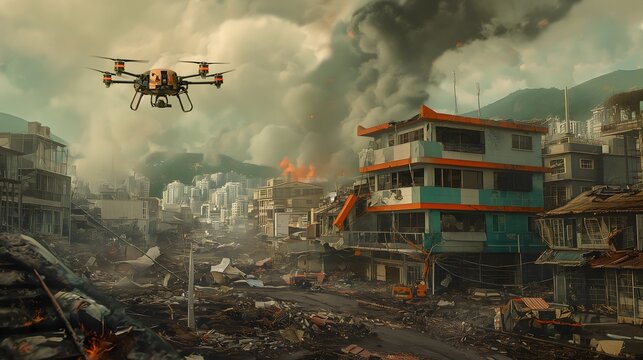 23. Sculpt a scenario of AI-driven disaster response, with robots and drones assisting in search and rescue operations and disaster management.