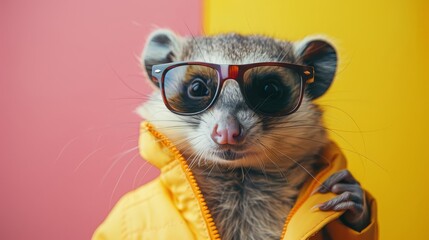 Image of stylish Possum in trendy sunglasses and outfit looking at camera against two colored background, Copyspace