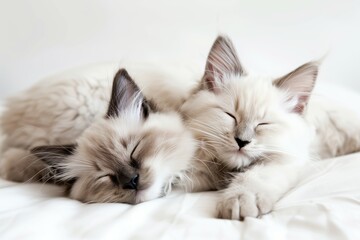 Fototapeta premium Two adorable Ragdoll kittens sleeping peacefully together on a soft white blanket