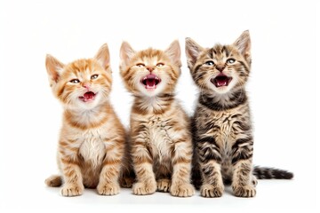 Three adorable kittens sitting together and meowing happily against a white background