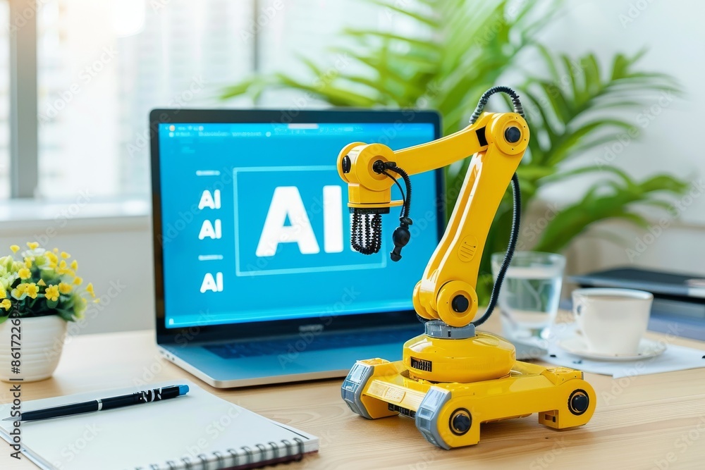 Poster ai robotic arm assembling blocks on a table showcasing automation and machine learning technology