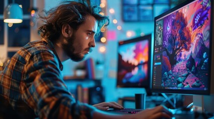 young digital artist immersed in creative design work on a computer vibrant studio setting concept illustration
