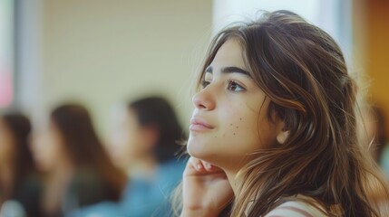 young female student listening attentively in college classroom education and learning concept