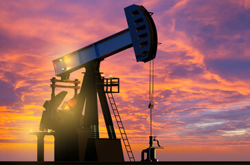 Oil rig at sunset. Pump for pumping out petroleum. Oil fields. Industrial landscape. Rig for crude...