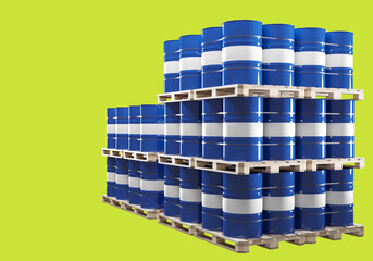 Fototapeta premium Barrels for chemical products. Pallets with blue bins. Chemical barrels isolated on green. Containers for transporting liquids. Blue barrels on pallets. Tanks for chemical enterprise. 3d image