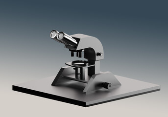 Microscope for scientific work. Magnifying device for scientist. Microscope for medical research. Laboratory equipment. Microscope on gray background. Device for scientific laboratory. 3d image