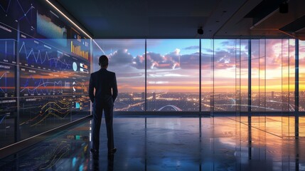 TechSavvy Executive Analyzing Dynamic Financial Data in Modern Office Setting