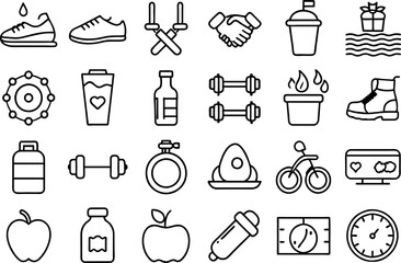 Health and Fitness related concept editable stroke outline icons isolated on white background flat vector illustration
