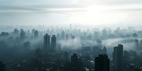 Fototapeta premium Futuristic cityscape with crowded slums fog scifi horror dystopian feel overpopulation. Concept Futuristic Cityscape, Crowded Slums, Sci-fi Horror, Dystopian Feel, Overpopulation