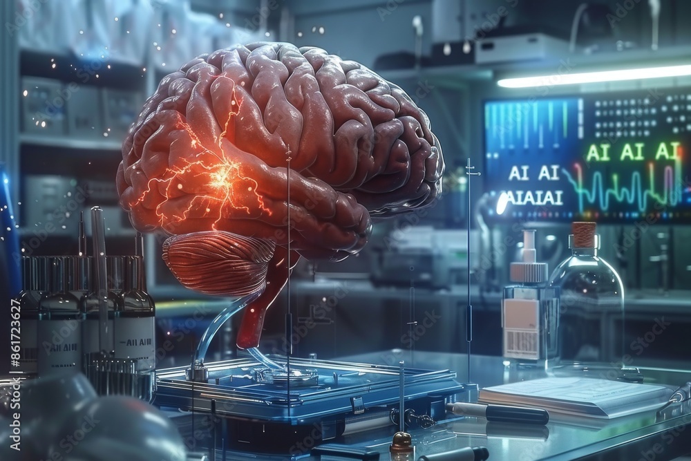 Poster artificial intelligence brain hologram in futuristic lab setting with advanced technology elements