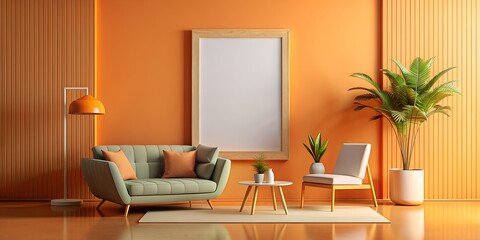Fototapeta premium A mock-up frame in minimalistic Scandinavian style interior with orange elements in stylish furniture and decorative plants 