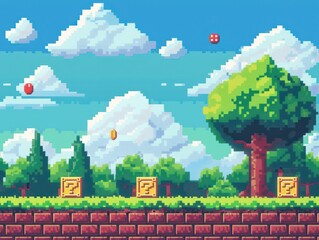 Pixel art game background with button level up. Game design concept in retro style. Vector illustration. Game screen pixel