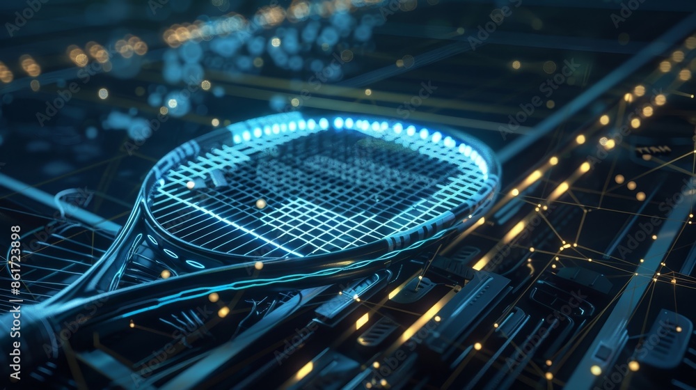Poster a smart tennis racket that records stroke accuracy power and spin all transmitted through a 5g conne