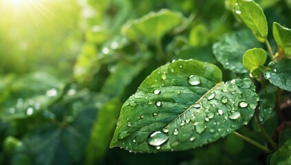 Fresh green leaves with water dew drops and sunlight in the garden