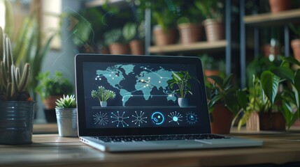 Tech Jungle Vibrant Digital Network Map on Laptop Screen Surrounded by Greenery and Office Decor