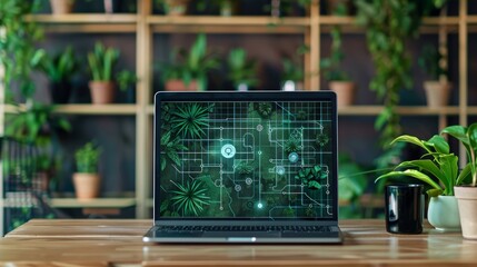 Tech Jungle Vibrant Digital Network Map on Laptop Screen Surrounded by Greenery and Office Decor