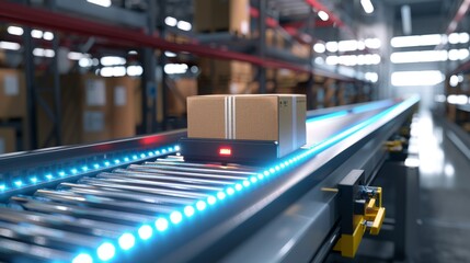 Obraz premium CuttingEdge Technology AI System Scanning Package on Conveyor Belt