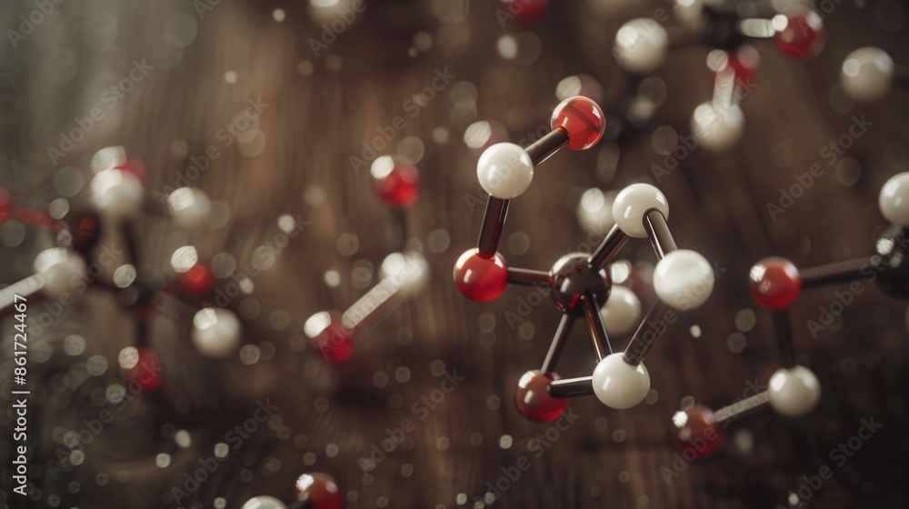 Poster a close up of a bunch of red and white balls that are arranged in a way that they look like molecule