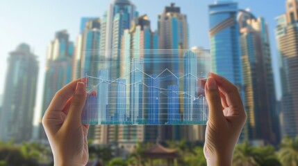 Urban Achievement Hands Holding Success Graph Against Cityscape Business Growth and Progress Concept