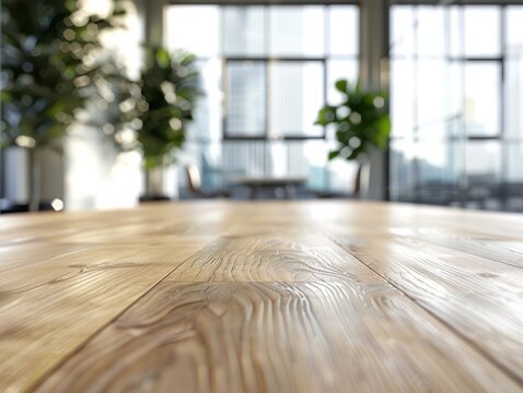 The close up picture of the empty table that has been made from the wood material and placed inside the bright office, an office is designated space within a building where work is performed. AIGX02.