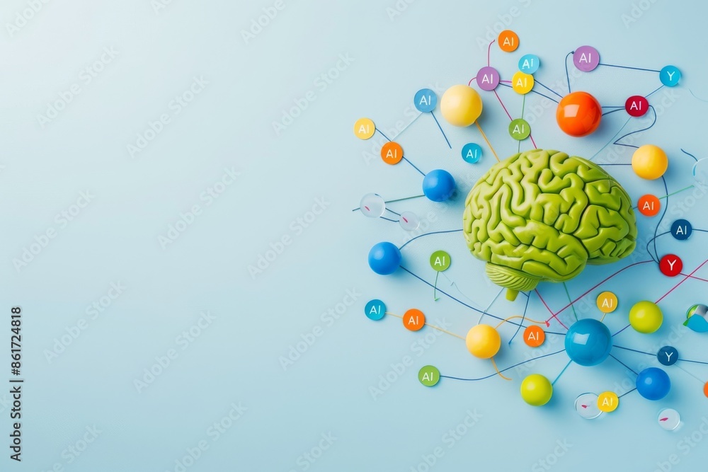 Poster brain with colorful molecular structures on light blue background representing ai in biological rese