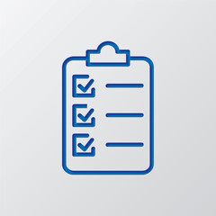 Clipboard and checklist simple icon vector. Flat design. Paper cut design. Cutted blue symbol with shadow. Gray background