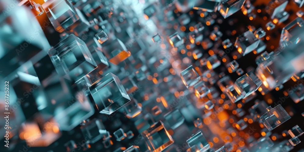 Poster a close up of a bunch of cubes in a blurry image. the cubes are all different sizes and are scattere