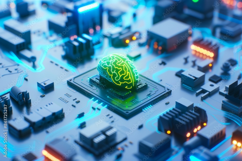 Poster ai microchip with glowing green brain on circuit board symbolizing advanced artificial intelligence 