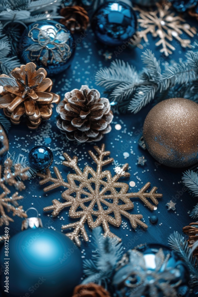 Poster a blue background with a snowflake and pine cones on it. the snowflake is surrounded by blue and gol