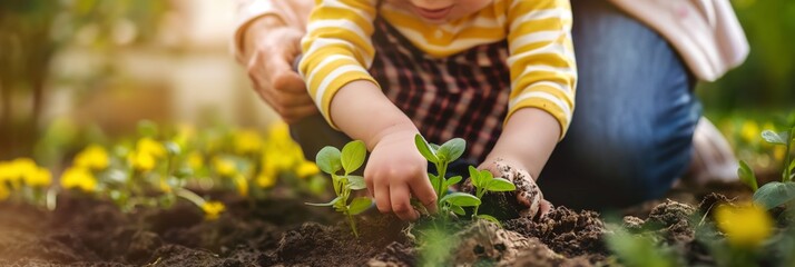 A child, guided by an elder, carefully tends to young plants in a family garden, demonstrating care, learning, and the joy of nurturing nature together.