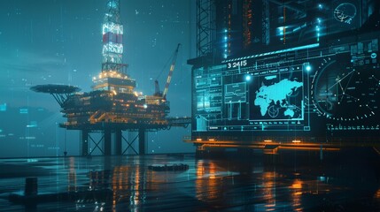 Power and Progress Futuristic Energy Production with Oil Rig and Data Interface