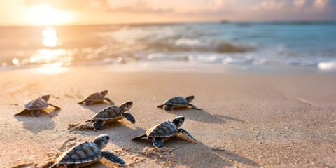 Organization Releases Baby Sea Turtles at Sunset, Signifying Hope for Endangered Species. Concept Conservation, Marine Life, Conservation Efforts, Endangered Species, Environmental Awareness