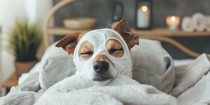 Dog relaxing in bed with a beauty mask on funny spa day. Concept Funny Moments, Pet Parenting, Relaxation Time, Spa Day, Unwinding Moments