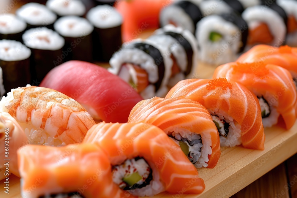 Poster a wooden board with a variety of sushi rolls, including some with avocado and others with salmon. th