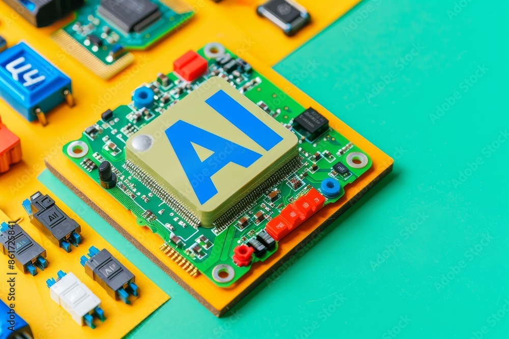 Poster ai circuit board with glowing microchip representing advanced artificial intelligence technology and